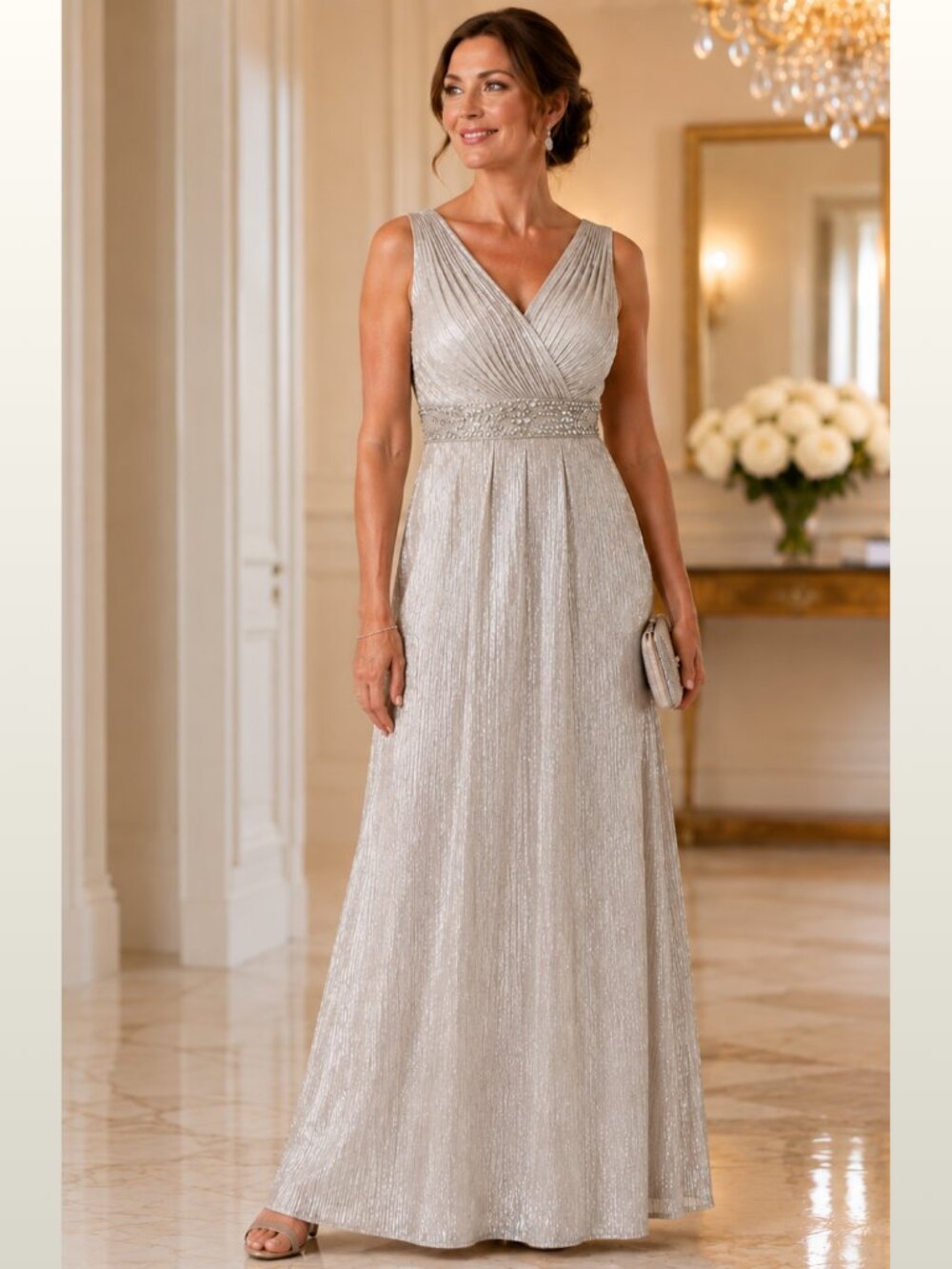 R&M Richards Champagne Shimmer Empire Formal Gown 12P NWT Mother Of Bride Glam